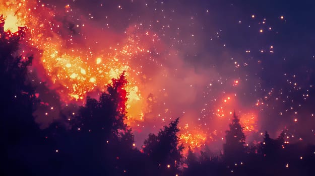Fire in the forest sparks and fire flames over trees at night. Ai art