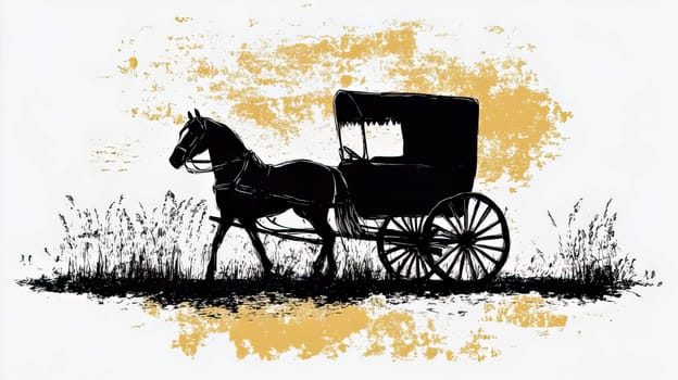 Black silhouette of horse and carriage on white background. Ai art