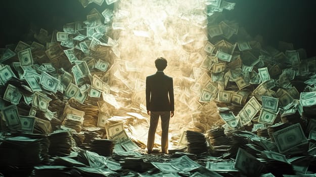 Money and finances concept. A man looks at a pile of money. Ai art
