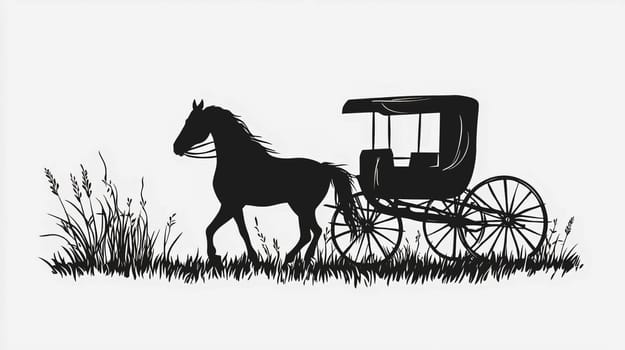 Black silhouette of horse and carriage on white background. Ai art