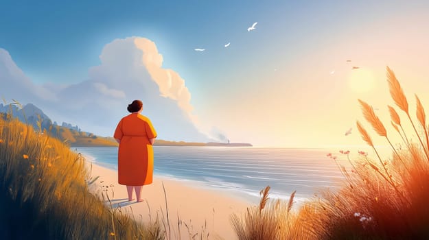 A fat woman stands by the seashore on a sunny day and looks into the distance. Ai art