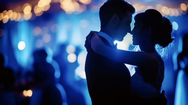 A couple shares an intimate moment while dancing at a wedding reception, surrounded by softly glowing blue lights and other guests enjoying the celebration - Generative AI