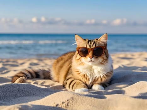 A stylish cat lounging on a sunny beach, accessorized with bright sunglasses and a straw hat against a clear blue sky, embodying relaxation, summer vibes, and playful charm.
