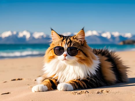 A stylish cat lounging on a sunny beach, accessorized with bright sunglasses and a straw hat against a clear blue sky, embodying relaxation, summer vibes, and playful charm.