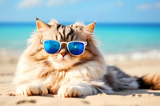 A stylish cat lounging on a sunny beach, accessorized with bright sunglasses and a straw hat against a clear blue sky, embodying relaxation, summer vibes, and playful charm.