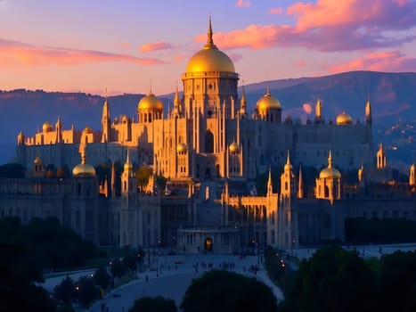 A stunning Heaven golden city / golden castle floats among the clouds under sunlight, radiating splendor and inspiration. The ethereal setting portrays a surreal and captivating dreamlike atmosphere.