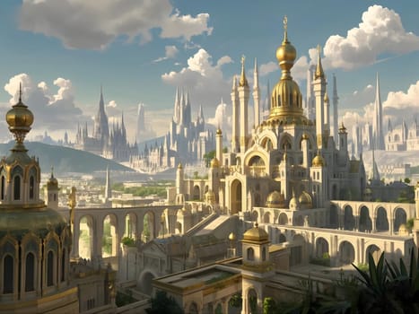 A stunning Heaven golden city / golden castle floats among the clouds under sunlight, radiating splendor and inspiration. The ethereal setting portrays a surreal and captivating dreamlike atmosphere.