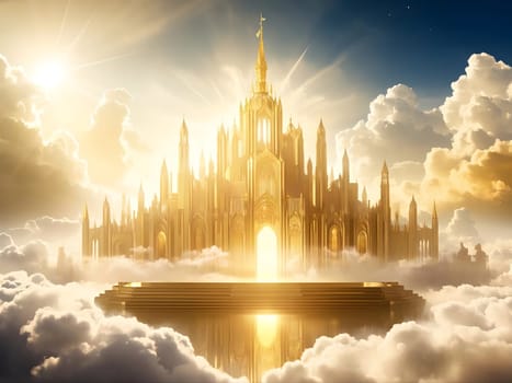 A stunning Heaven golden city / golden castle floats among the clouds under sunlight, radiating splendor and inspiration. The ethereal setting portrays a surreal and captivating dreamlike atmosphere.