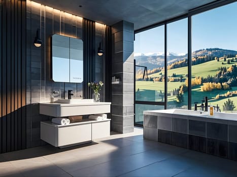 Sci-fi Bathroom featuring vibrant neon lighting combined with a sleek modern design, including amenities such as a shower cabin, bathtub, and illuminated mirror.
