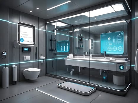 Sci-fi Bathroom featuring vibrant neon lighting combined with a sleek modern design, including amenities such as a shower cabin, bathtub, and illuminated mirror.