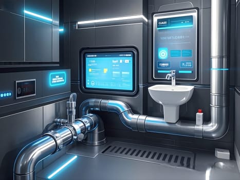 Sci-fi Bathroom featuring vibrant neon lighting combined with a sleek modern design, including amenities such as a shower cabin, bathtub, and illuminated mirror.