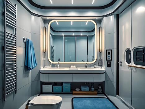Sci-fi Bathroom featuring vibrant neon lighting combined with a sleek modern design, including amenities such as a shower cabin, bathtub, and illuminated mirror.