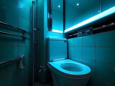 Sci-fi Bathroom featuring vibrant neon lighting combined with a sleek modern design, including amenities such as a shower cabin, bathtub, and illuminated mirror.