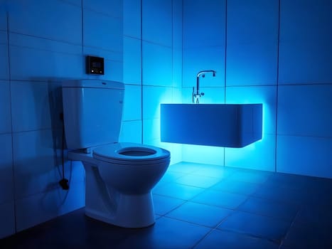 Sci-fi Bathroom featuring vibrant neon lighting combined with a sleek modern design, including amenities such as a shower cabin, bathtub, and illuminated mirror.