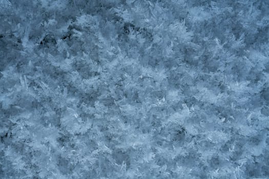 Background of white frozen snowflakes on covered land in cold winter day
