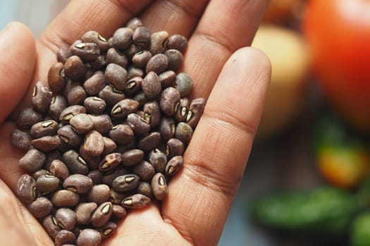 Raw brown seeds are held in a hand with various vegetables nearby.