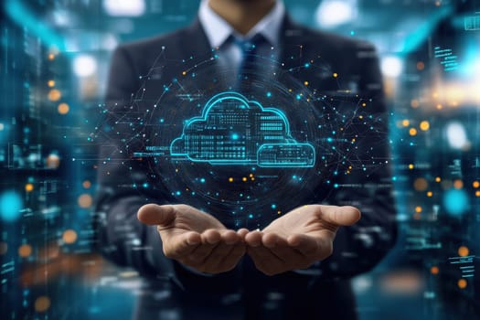A businessperson stands confidently in a modern office, holding a holographic cloud projection that symbolizes data management and digital innovation.