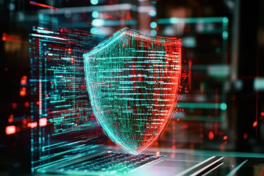 A futuristic holographic shield symbolizes cybersecurity measures for data protection. This stunning digital artwork combines vivid colors and technology elements, perfect for conveying safety in the digital realm.