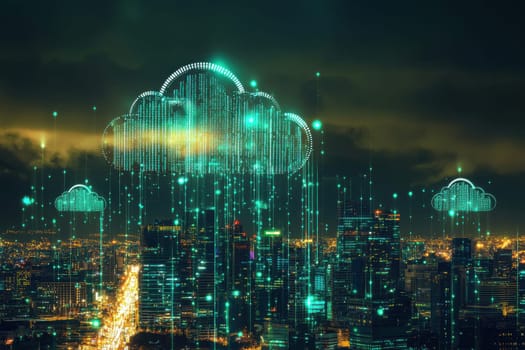 A city skyline is lit up with a green cloud effect. The city is bustling with activity and the sky is filled with a variety of clouds. The cityscape is illuminated with a mix of streetlights