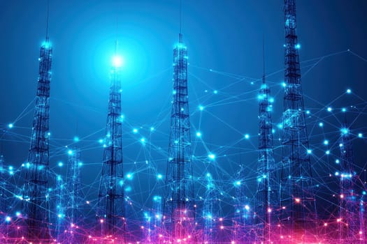 A vibrant depiction of glowing communication towers emitting digital signals for a 5G network. The intertwining lights represent modern connectivity and technology.