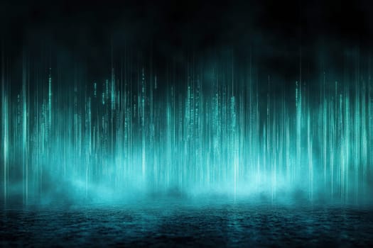 This image features faint glowing teal lines emerging from a black obsidian background, creating an ethereal and tranquil atmosphere ideal for modern design projects.