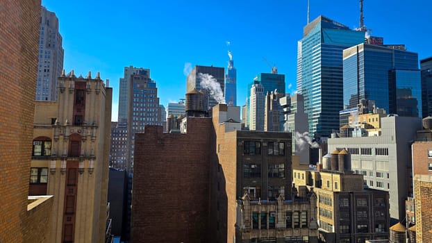 City skyline featuring modern and classic architecture, with prominent skyscrapers and urban buildings with colorful bright colors, capturing the essence of metropolitan life and architectural diversity.