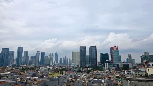 City skyline featuring modern and classic architecture, with prominent skyscrapers and urban buildings with colorful bright colors, capturing the essence of metropolitan life and architectural diversity.
