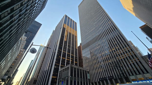 City skyline featuring modern and classic architecture, with prominent skyscrapers and urban buildings with colorful bright colors, capturing the essence of metropolitan life and architectural diversity.