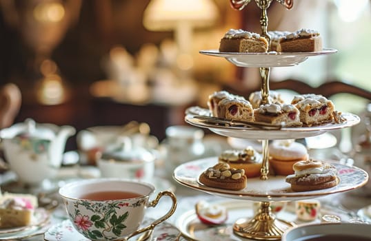 Elegant table setting for tea party with cakes and cupcakes in English manor. Selective focus. Vintage style