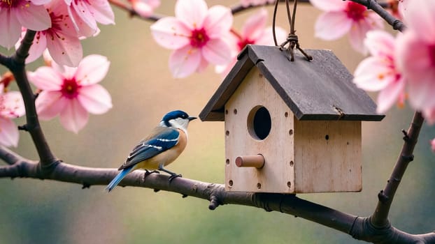 A songbird on a branch with sakura flowers next to a birdhouse. Bird Day. A symbol of the awakening of nature, the arrival of spring. AI generated.