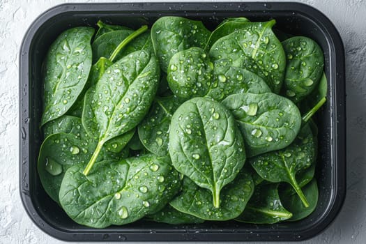 Bright green spinach leaves glisten with water droplets, arranged in a black container on a light gray background.