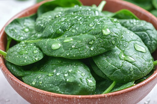Lush green spinach leaves gather water droplets, showcasing freshness in a rustic bowl against a soft background.