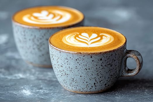 Beautiful latte art is crafted in two speckled gray coffee cups, showcasing intricate foam designs on a smooth gray countertop.