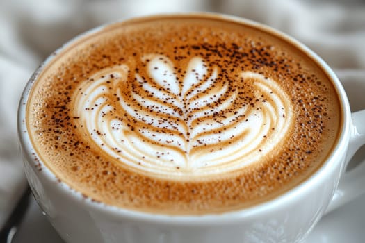 A warm cup of coffee showcases detailed latte art featuring a leaf design, placed on a soft, neutral background in the morning light.