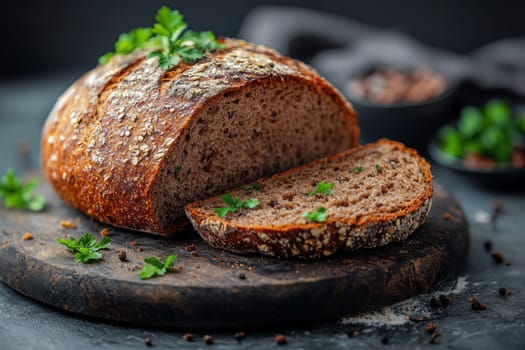 Freshly baked artisan bread sits on a wooden board, garnished with herbs and accompanied by spices in the background.