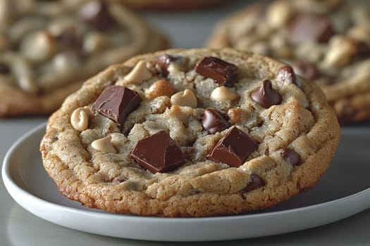 Warm cookies baked to perfection with chunks of chocolate and nuts displayed on a white plate ready to be enjoyed.