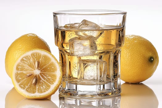 A glass filled with a chilled yellow drink and ice cubes sits beside fresh lemons, providing a vibrant and refreshing look.