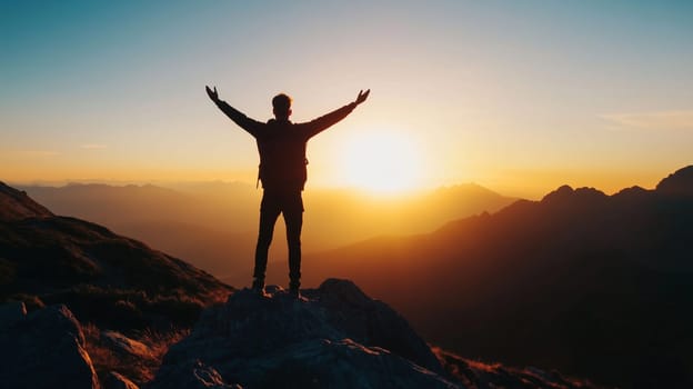 Travel, hiking, adventure, back view of inspired traveler hiker man joyful standing on top of mountain at sunset or dawn looking at scenic sunny range, calm relaxing landscape, first rays of the sun