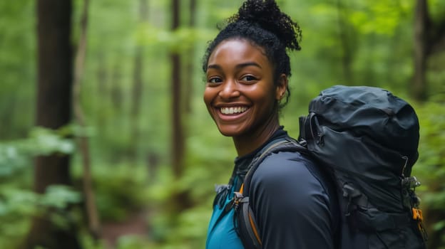 Travel, hiking, adventure, portrait of happy traveler young African woman, black girl hiker with backpack stands in wild forest looking at camera
