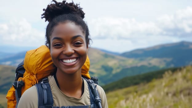 Travel, hiking, adventure, portrait of happy traveler black young woman, African female hiker smiling stands in the mountains looking at camera