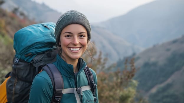 Travel, hiking, adventure, portrait of happy traveler hiker young woman smiling stands in the mountains looking at camera