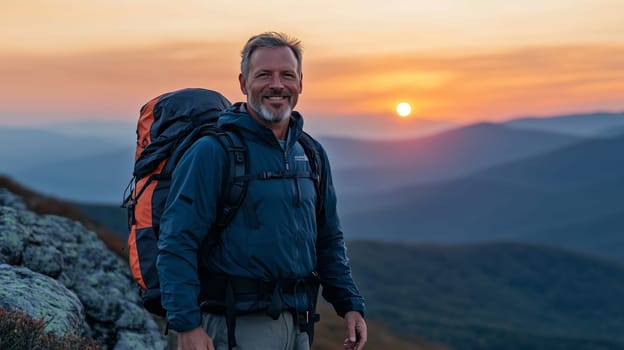 Travel, hiking, adventure, portrait of traveler hiker mature man in jacket with backpack stands on top of mountain at sunset enjoying landscape looking at camera