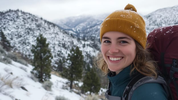 Travel, hiking, adventure, portrait of happy traveler hiker young woman in jacket stands in snowy mountains looking at camera