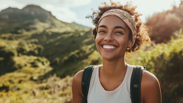 Travel, hiking, adventure, portrait of happy traveler young African woman, black girl hiker smiling with backpack stands in the mountains