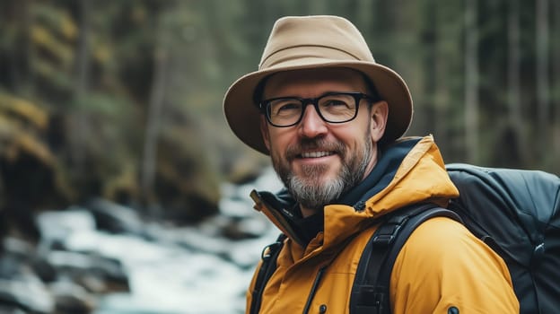 Travel, hiking, adventure, portrait of traveler hiker mature man in jacket stands on forest trail with river, looking at camera
