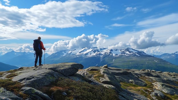 Travel, hiking, adventure, back view of traveler hiker man walking on top of snowy mountain looking in to the distance at range, winter scenic landscape