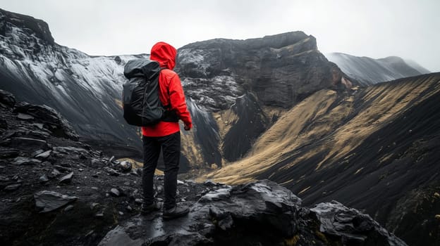 Travel, hiking, adventure, back view of traveler hiker man in red jacket stands on top of mountain black volcano looking in to the distance at snowy scenic range