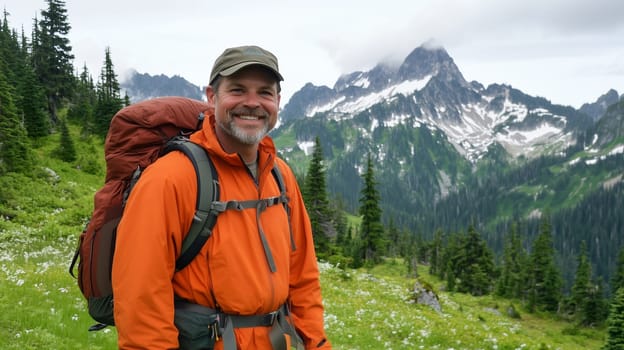 Travel, hiking, adventure, portrait of traveler man in orange jacket with backpack stands, view of mountain forest, hiker looking at camera