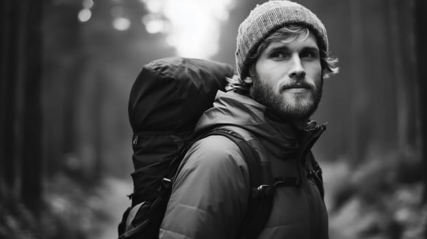Travel, hiking, adventure, portrait of traveler hiker young man in jacket stands in wild forest looking away