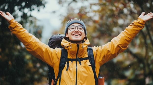 Travel, hiking, adventure, happy joyful young Asian traveler man laughing in yellow jacket enjoying the rain stands in forest, warm day